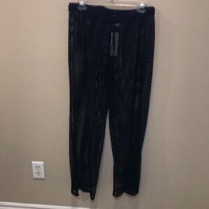 NWT Black Mesh Swimsuit Coverup Flare Leg Pants with Drawstring Front-L